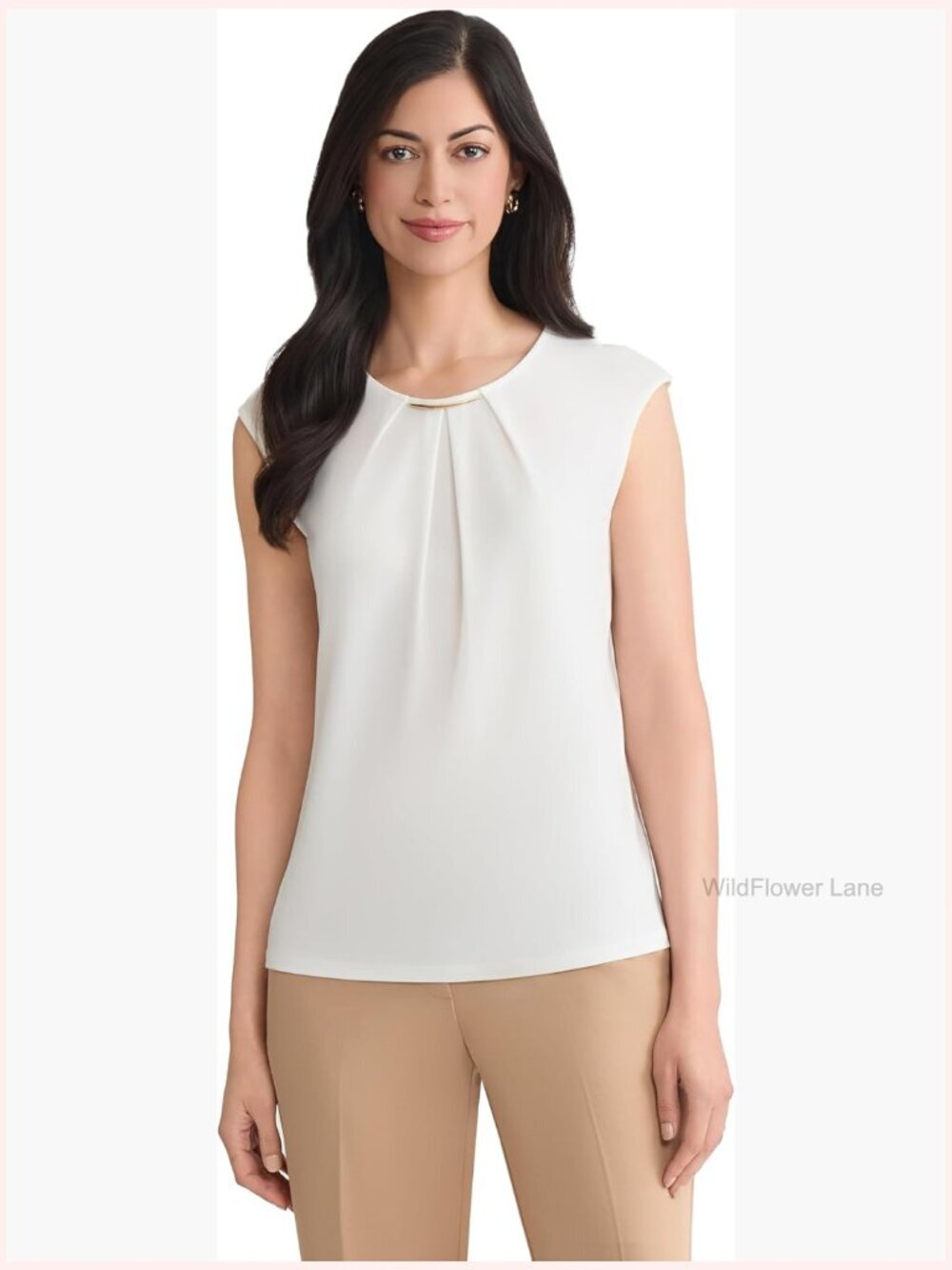 Pleat Neck Knit Top with Hardware – Sleeveless Crew Neck Classic Fit